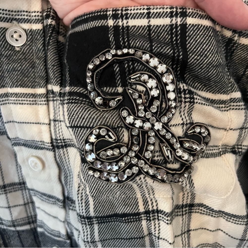 Polo Ralph Lauren Plaid Flannel Button Down Top Rhinestone Crest Black White XS - Picture 4 of 15